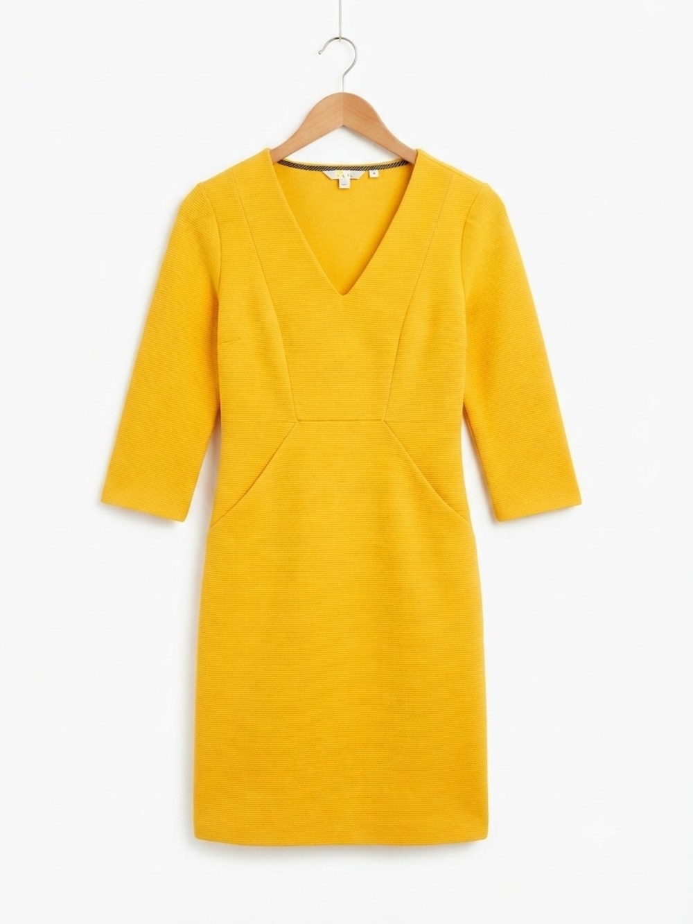Boden Mustard Yellow Textured V-Neck Dress Sleeve Pockets Size 2P